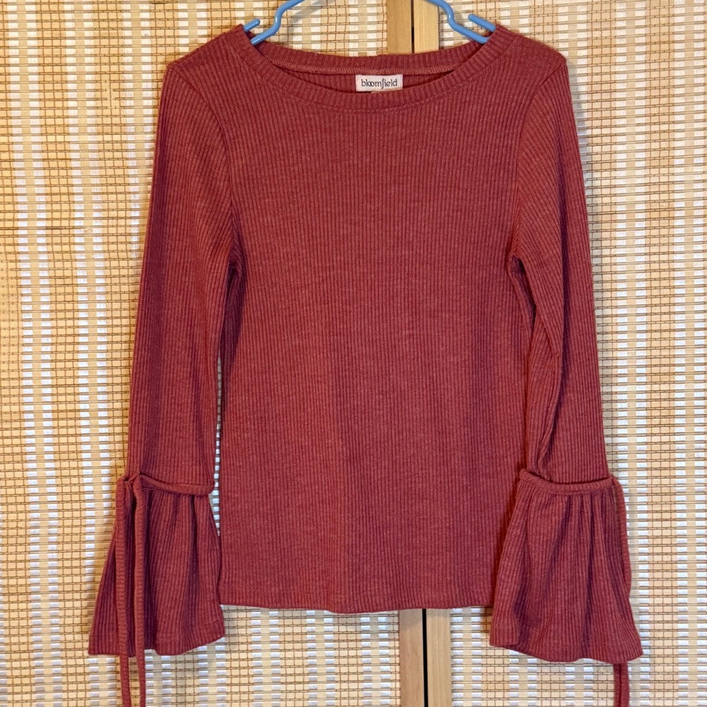 Bloomfield Womens Ribbed Knit‎ Bell Sleeve Tie Top Terracotta Rose Pink Large